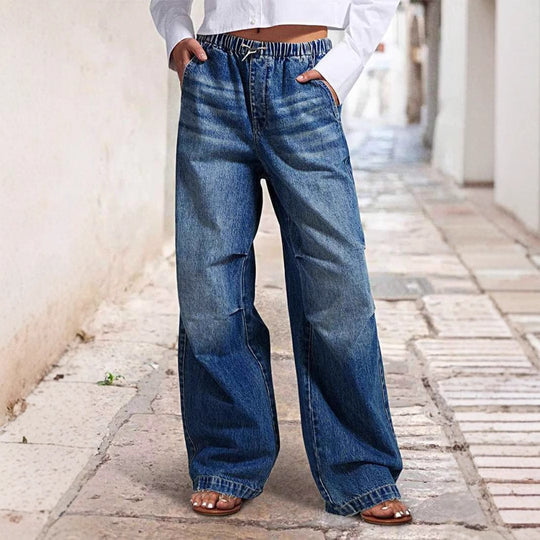 Damen weite Denim-Hose mit elastischem Bund und lässigem Design EB