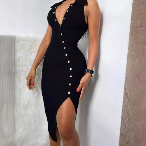 Damen figurbetontes Midi-Kleid mit Knopfleiste und Schlitz EB