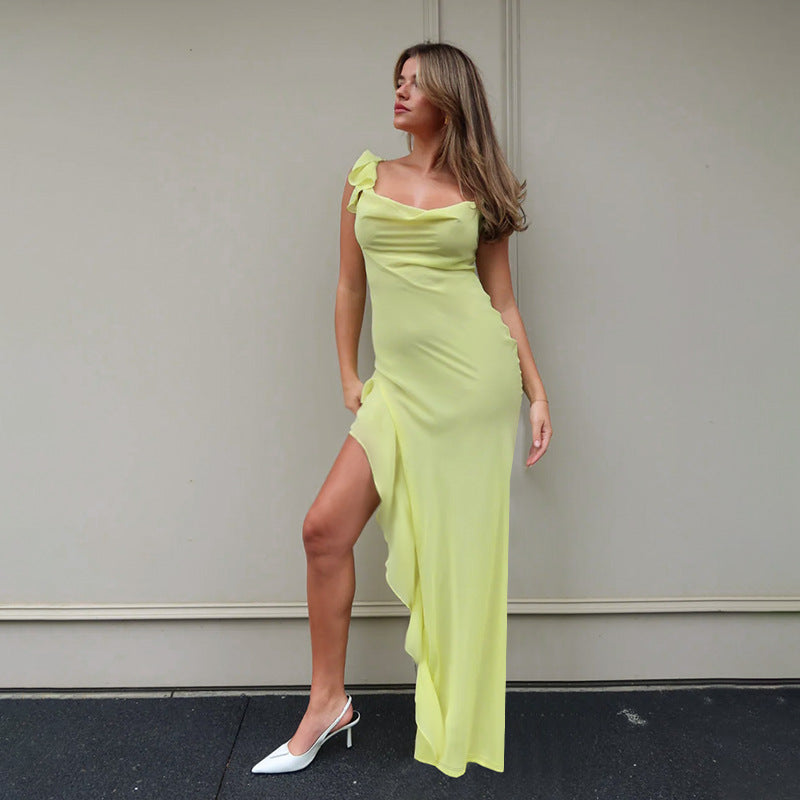 Damen Elegantes Maxi-Kleid mit asymmetrischem Saum und Rüschendetails EB