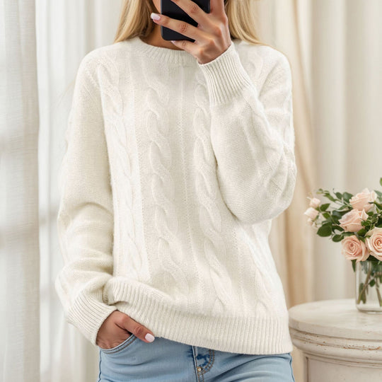 Damen nan kuscheliger Zopfstrickpullover mit Rundhalsausschnitt EB