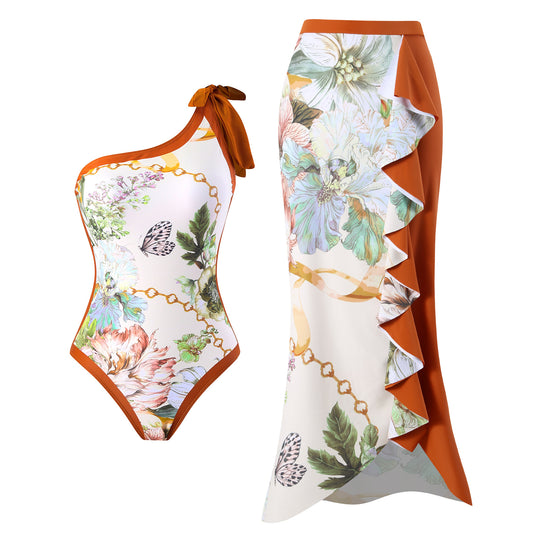 Damen Einteiler Badeanzug mit asymmetrischem Schnitt und elegantem Wickelrock EB