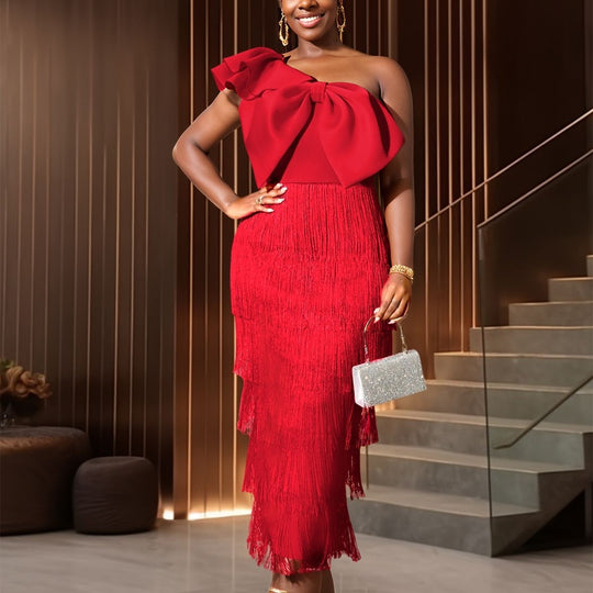 Damen elegantes Kleid mit voluminösem Rüschenelement und Fransen EB