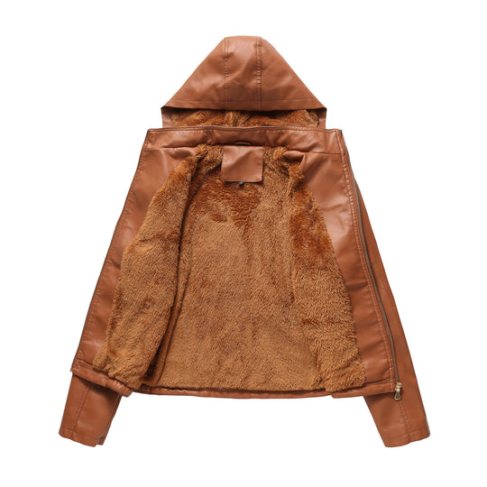 Damen nan taillierte Kunstlederjacke mit Kapuze, wattiertem Innenfutter und verdeckten Reißverschlusstaschen EB