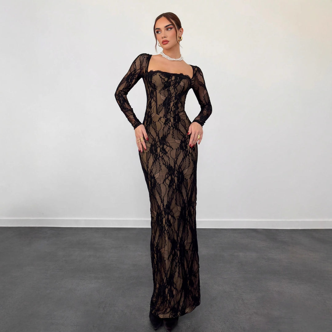 Damen Spitzenmaxikleid mit durchscheinenden Einsätzen EB