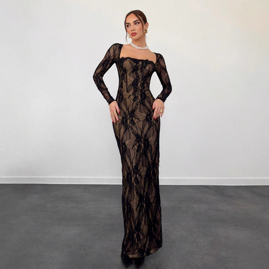 Damen Spitzenmaxikleid mit durchscheinenden Einsätzen EB