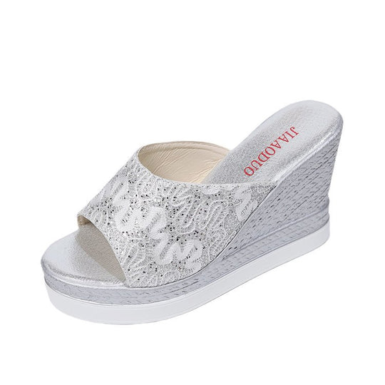 Damen Wedge-Pantoletten mit glitzerndem Obermaterial und komfortablem Fußbett EB