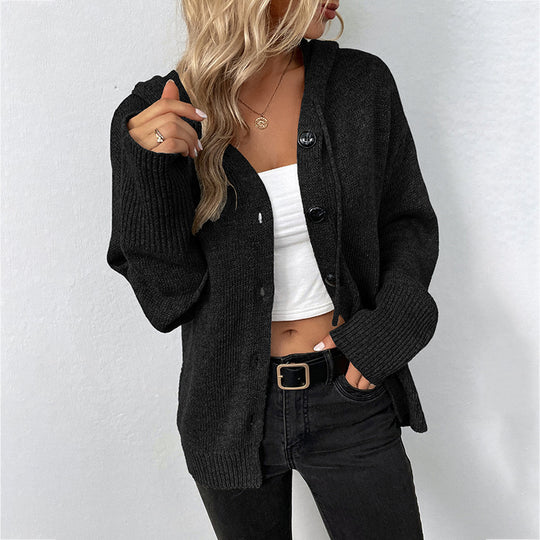 Damen lässige Strickjacke mit Kapuze und Knopfverschluss EB