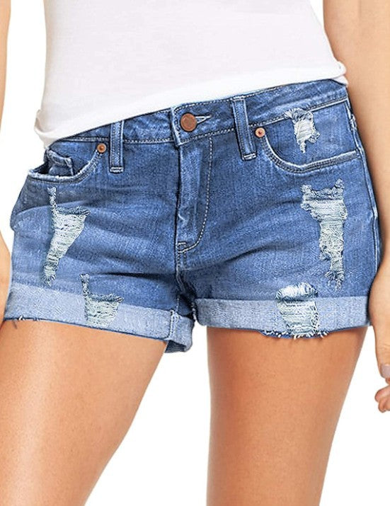 Damen modische Destroyed Denim-Shorts mit umgeschlagenem Saum EB