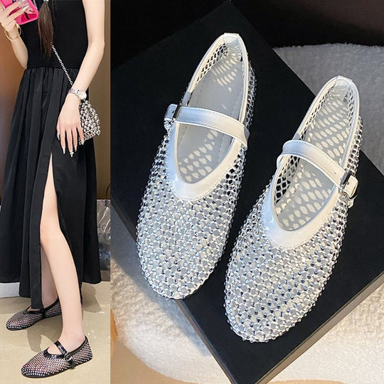 Damen Ballerinas mit strassverzierten Details und Riemchenverschluss EB