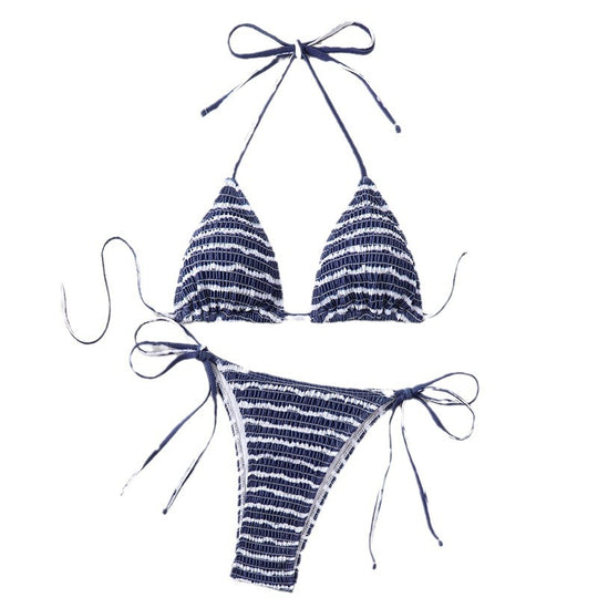 Damen Triangel-Bikini mit feinem Streifenmuster und raffinierten Bindebändern EB