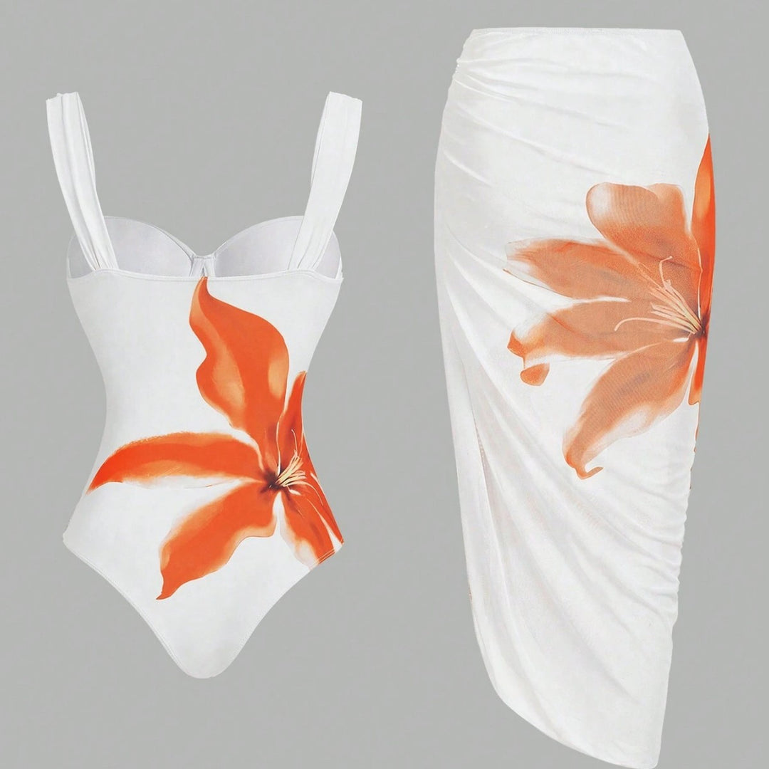 Damen Badeanzug mit elegantem floralem Design und passendem Wickelrock EB