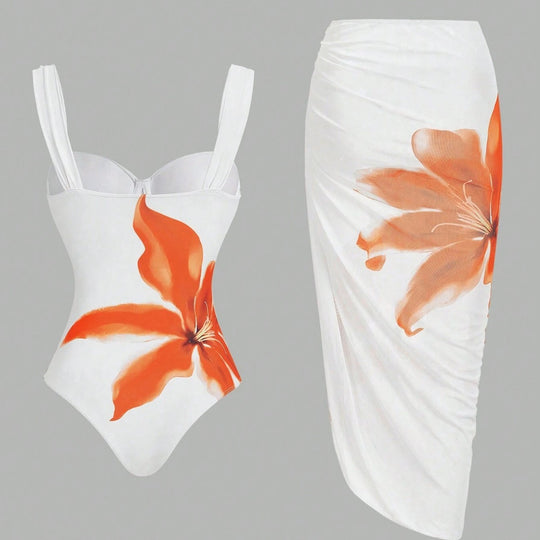 Damen Badeanzug mit elegantem floralem Design und passendem Wickelrock EB