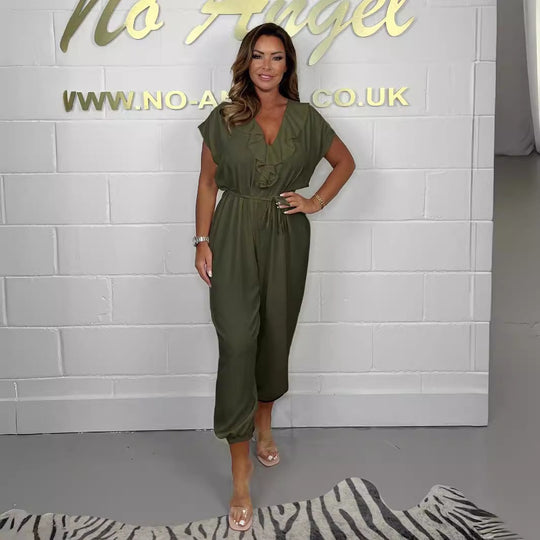 Damen Jumpsuit mit Rüschendetails und Bindegürtel EB