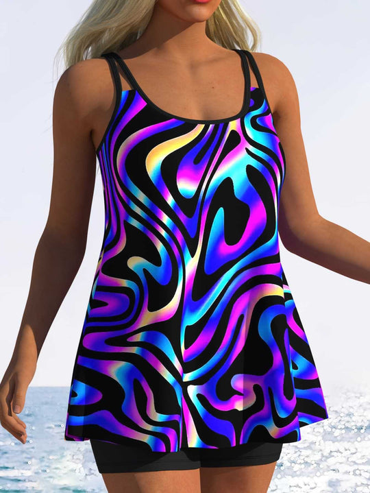 Damen Tankini mit verspieltem Streifenmuster und originellem Schnitt EB