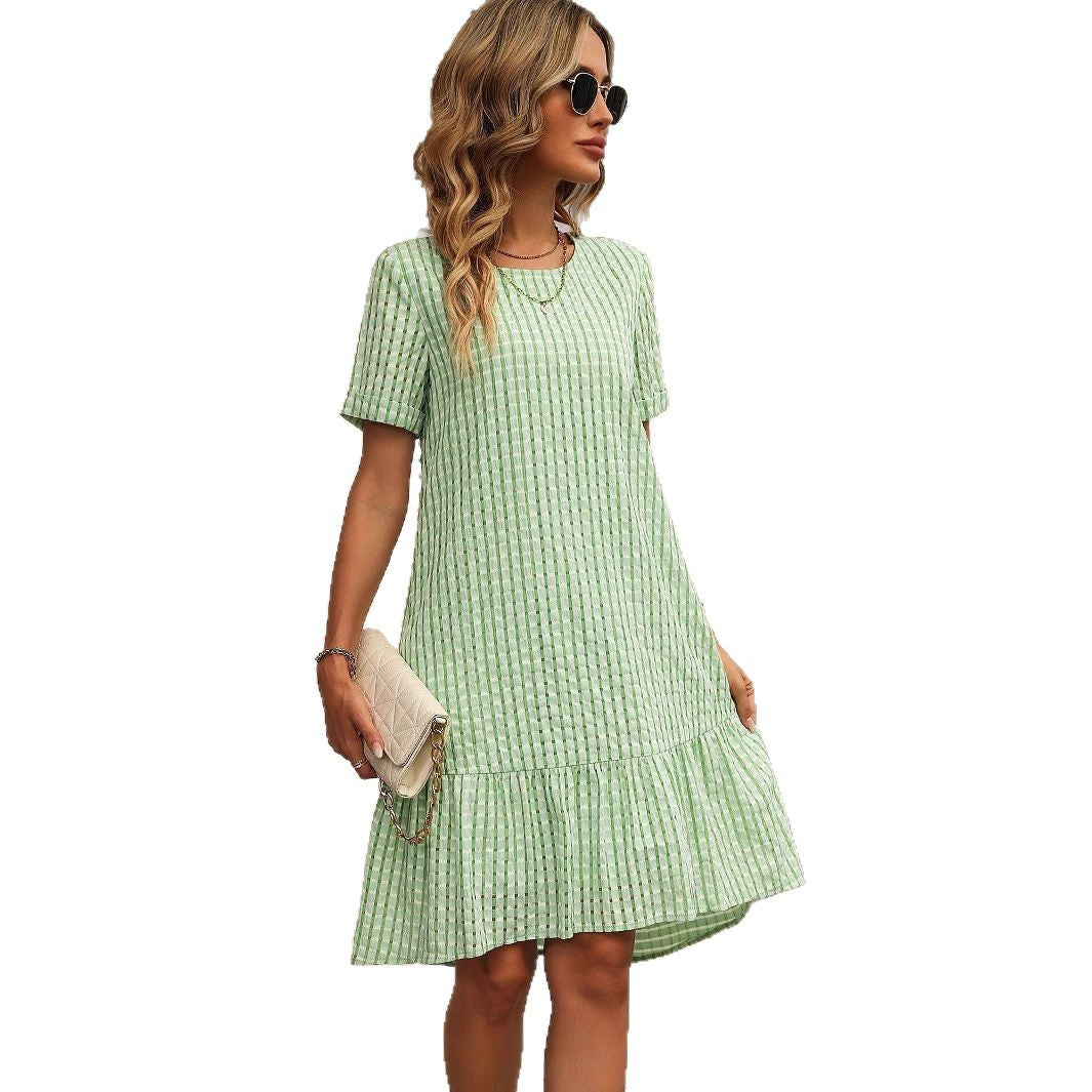 Damen lässiges Hemdkleid mit Rüschensaum und kariertem Muster EB