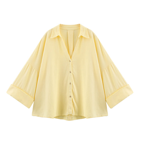Damen lässige Bluse mit voluminösen Ärmeln und durchgehender Knopfleiste EB