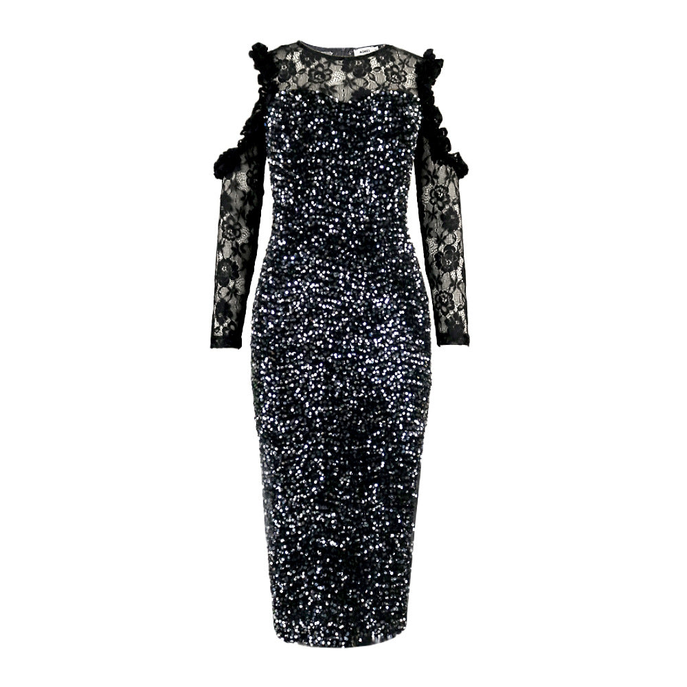 Damen glamouröses Abendkleid mit funkelnden Pailletten und Spitzenärmeln EB