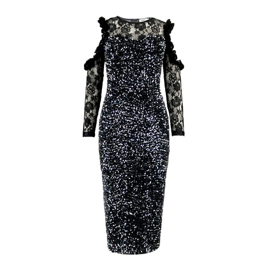 Damen glamouröses Abendkleid mit funkelnden Pailletten und Spitzenärmeln EB