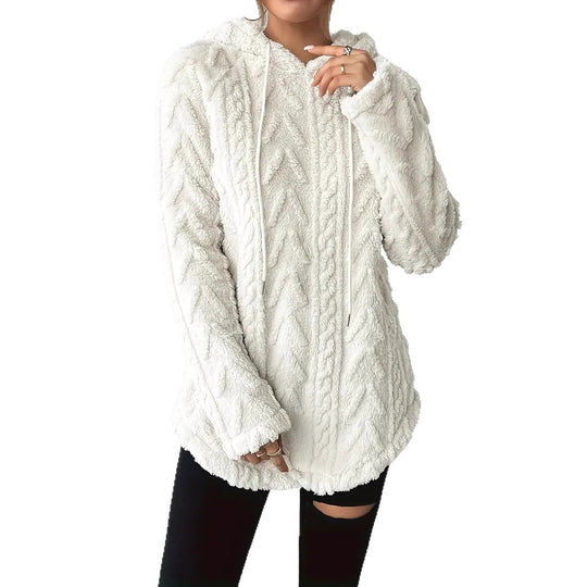 Damen Kapuzenpullover mit weichem Plüsch und modischem Zopfmuster EB