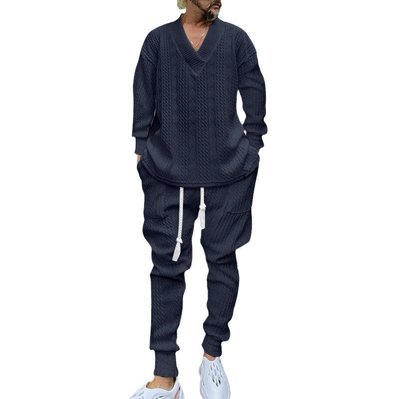 Herren nan gestricktes Lounge-Set mit tiefem V‑Ausschnitt, Kordelzug-Jogginghose und Rippbündchen EB