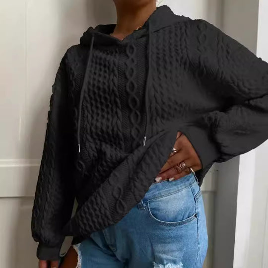 Damen Oversized Strickpullover mit kreativem Kabeleffekt und Kapuze EB