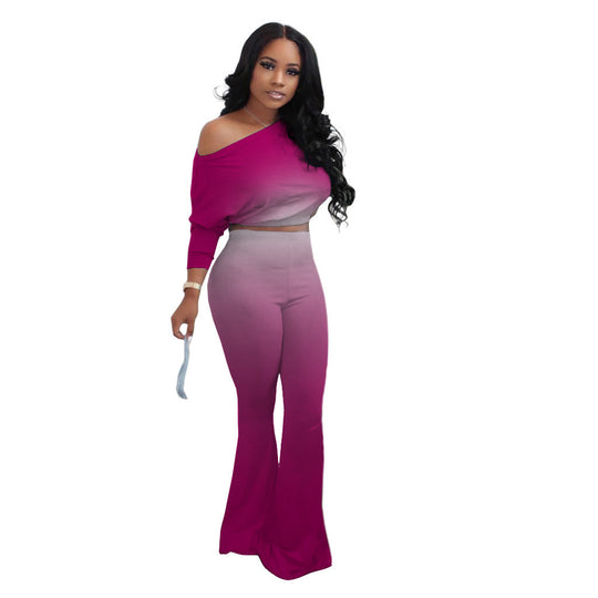 Damen Lässiges Ombre Set mit stilvollem Off-Shoulder Oberteil und figurbetonten Hosen EB