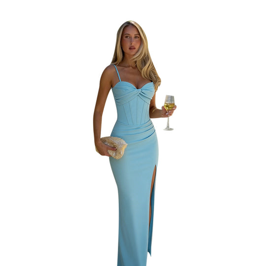 Damen elegantes Maxikleid mit romantischem Wickeloberteil und hochgeschlitztem Design EB