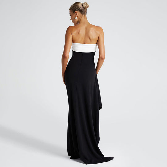 Damen elegantes trägerloses Maxikleid mit seitlichem Schlitz und kontrastierendem Oberteil EB