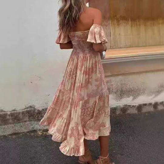 Damen Off-Shoulder Maxikleid mit Rüschendetails und elastischem Taillenband EB