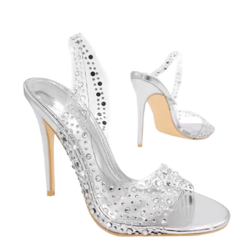 Damen Glamouröse High Heel Sandalen mit funkelndem Strassbesatz EB