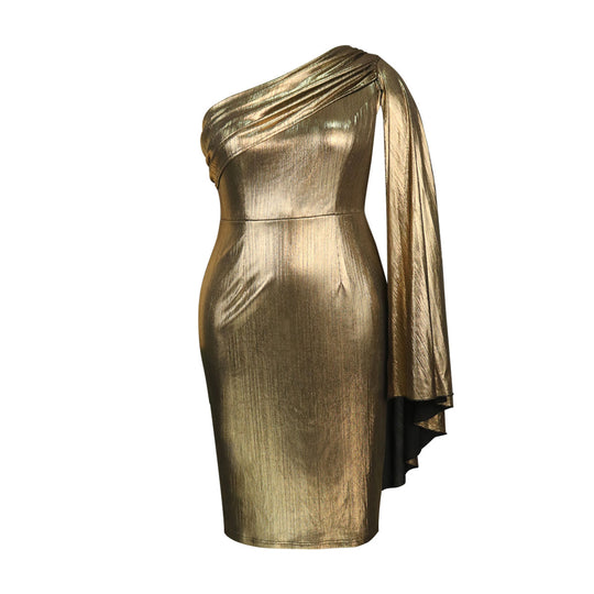 Damen Elegantes Ein-Schulter Kleid mit glänzender Stoffstruktur EB
