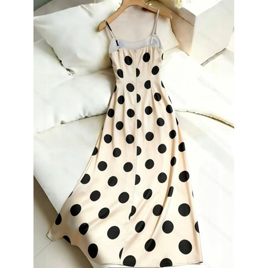 Damen Abendkleid mit elegantem Punktmuster und schmalen Spaghettiträgern EB
