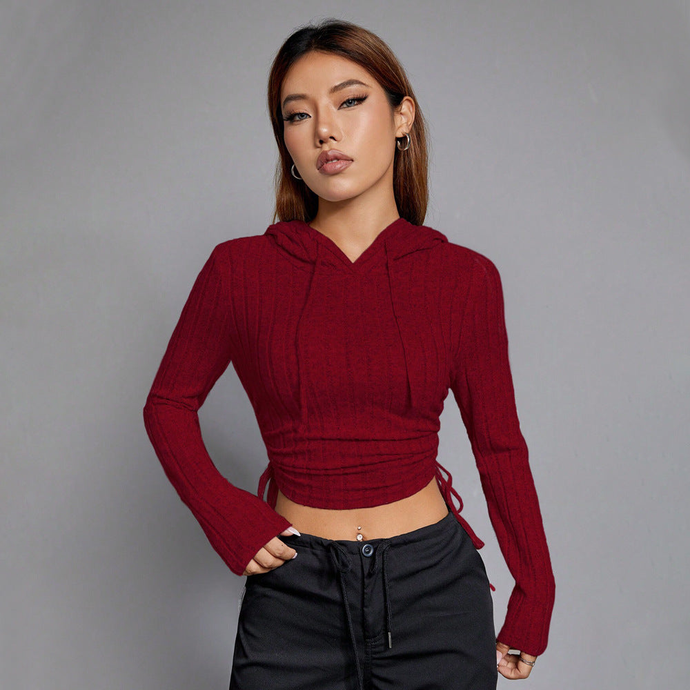 Damen geripptes Crop-Hoodie mit Tunnelzugseitennähten, figurbetonter Silhouette und langen Ärmeln Eichborn Berlin
