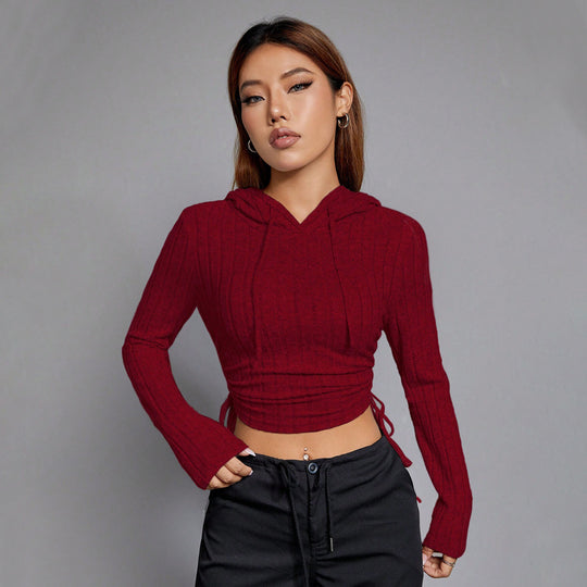Damen geripptes Crop-Hoodie mit Tunnelzugseitennähten, figurbetonter Silhouette und langen Ärmeln Eichborn Berlin
