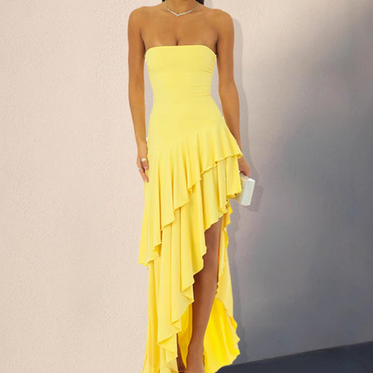 Damen Strapless Maxikleid mit voluminösem Rüschen-Saum und seitlichem Schlitz EB