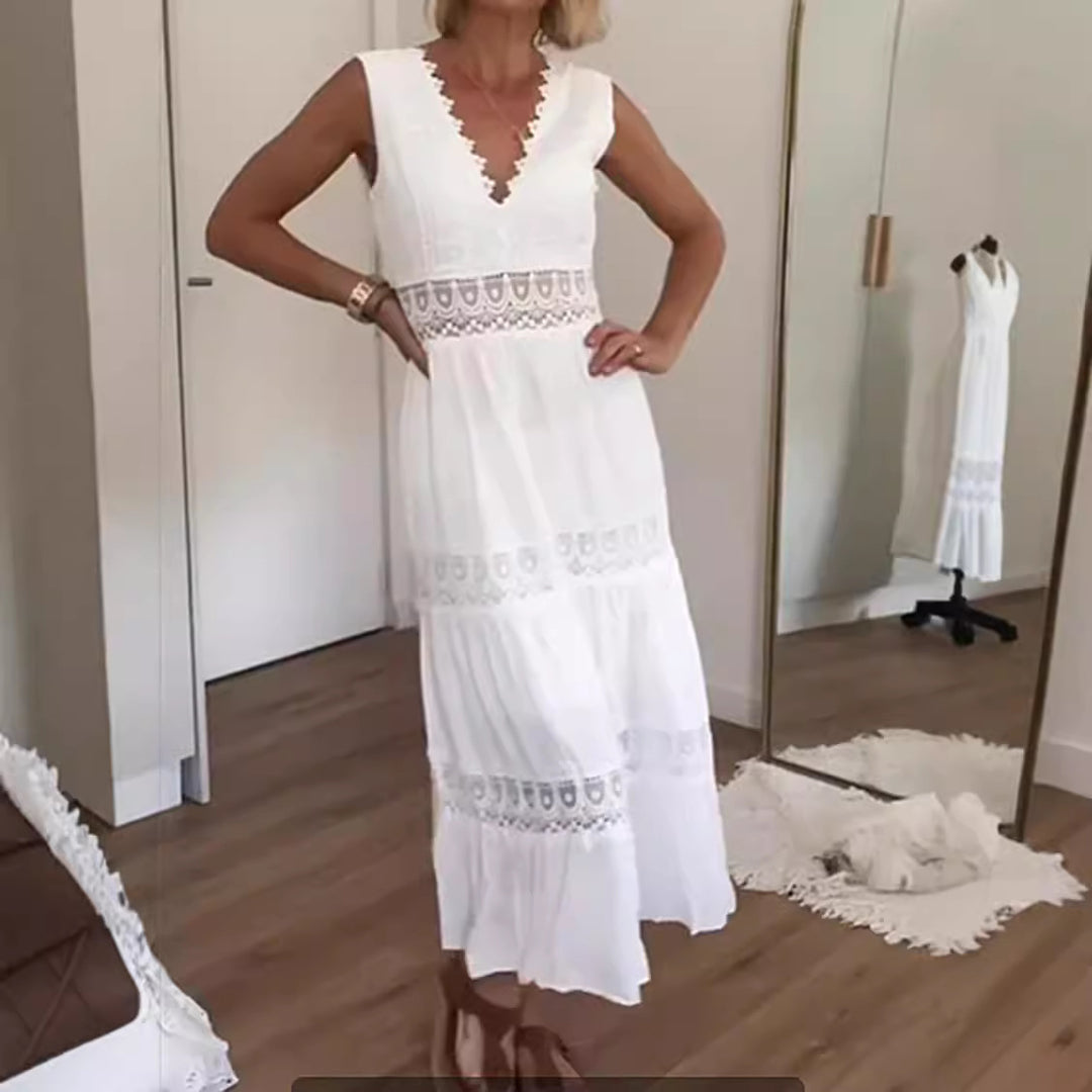 Damen Elegantes Maxikleid mit tiefem V-Ausschnitt und verspielten Häkelapplikationen EB