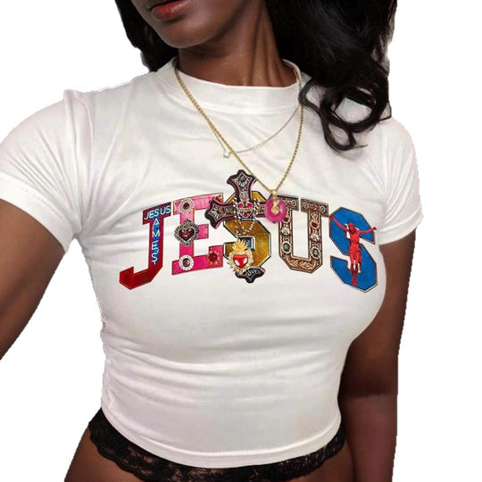 Damen Kurzarm Crop-T-Shirt mit witzigem Schriftzug EB