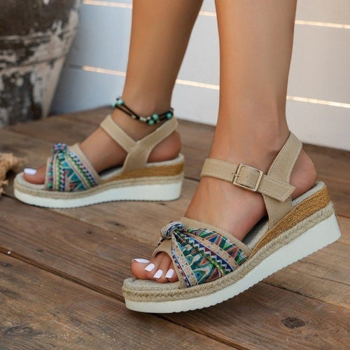 Damen Wedge-Sandalen mit dekorativen Knotendetails und verstellbarem Riemendesign EB