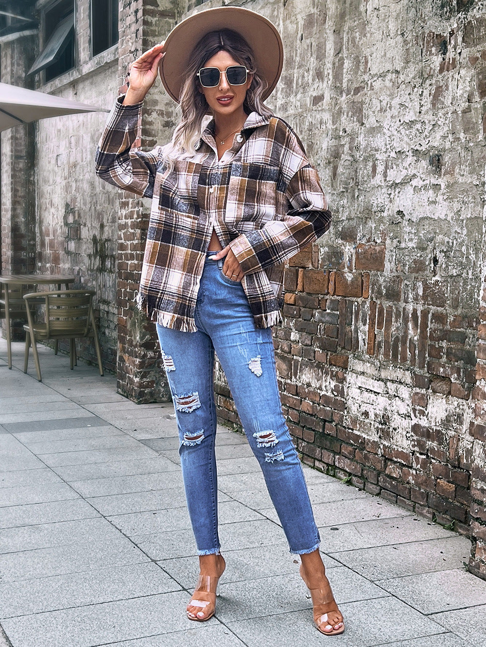 Damen Übergroße Karomuster Jacke EB