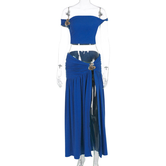 Damen Off-Shoulder Maxirock mit figurbetontem Crop-Top und verspieltem Detail EB