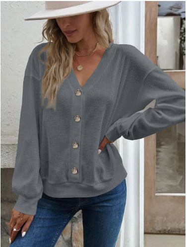 Damen Komfortabler Strickpullover mit V-Ausschnitt und Knopfleiste EB