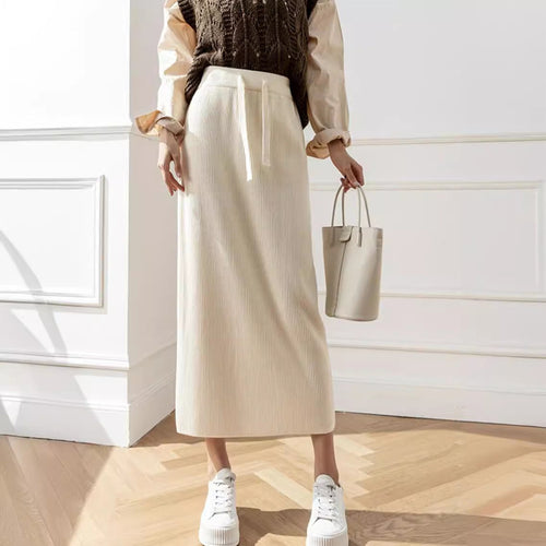 Damen Midi-Rock mit Taillenschnürung und geripptem Design EB