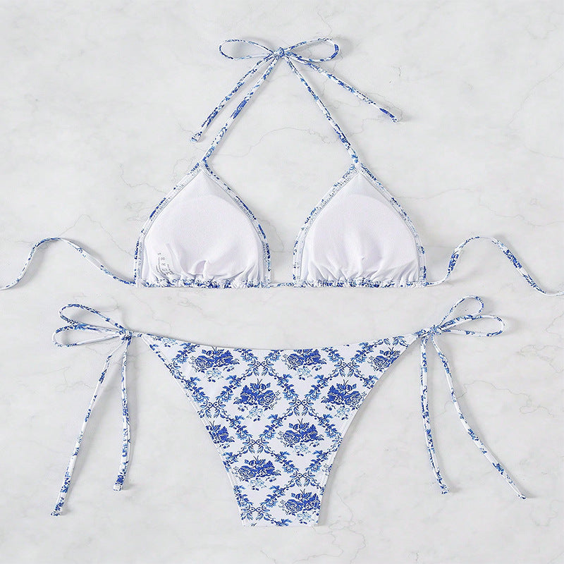 Damen Triangel-Bikini mit modischem Blütenmuster und verstellbaren Trägern EB