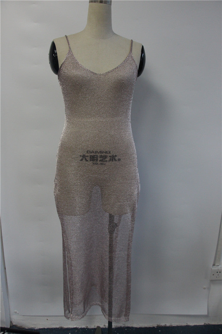 Damen elegantes Strickkleid mit transparentem Design und feinen Trägern EB