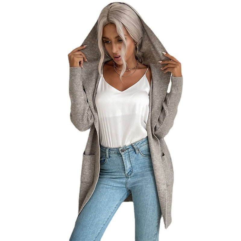 Damen Langärmlige Strickjacke mit Kapuze und seitlichen Taschen EB