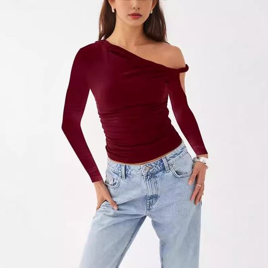 Damen Elegante asymmetrische Bluse mit langen Ärmeln und Raffung EB