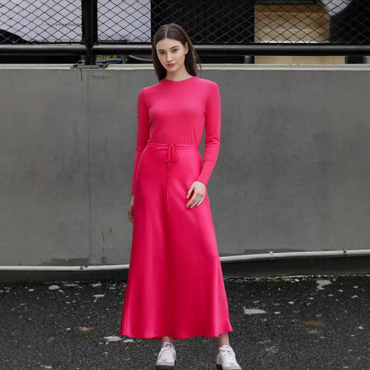Damen Fließendes Maxikleid mit eleganten langen Ärmeln und taillierbarem Bund EB