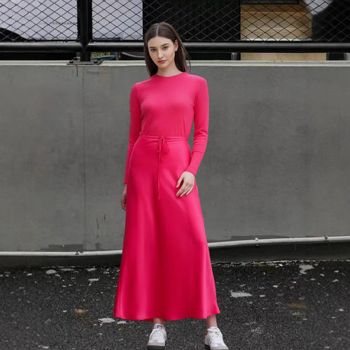 Damen Fließendes Maxikleid mit eleganten langen Ärmeln und taillierbarem Bund EB