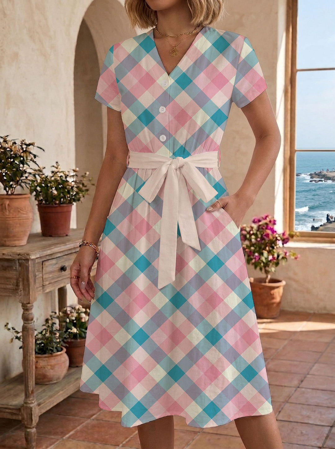 Damen lässiges Maxikleid mit taillierbarem Knoten und dekorativem Karomuster EB