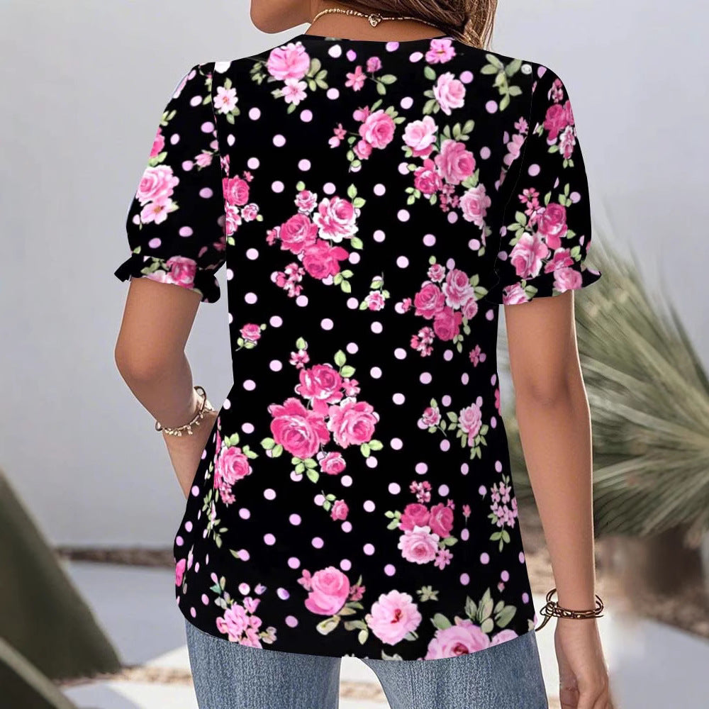 Damen nan V-Ausschnitt-Bluse mit Spitzenborte, Puffärmeln und floralem Punktmuster EB